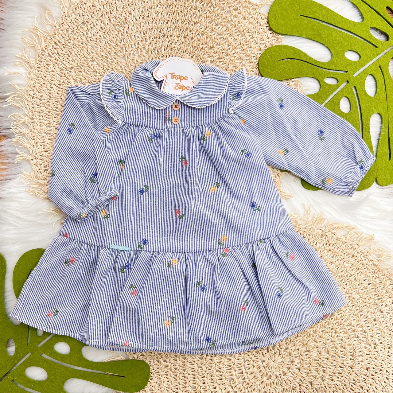 Vestido Listrado Manga Longa com Florzinhas - Azul